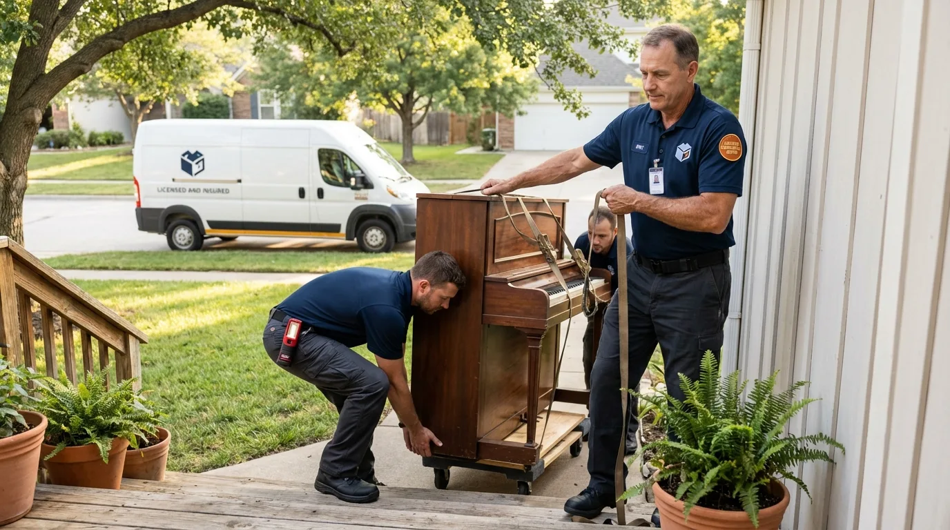Licensed piano movers securing grand piano in Demopolis, AL
