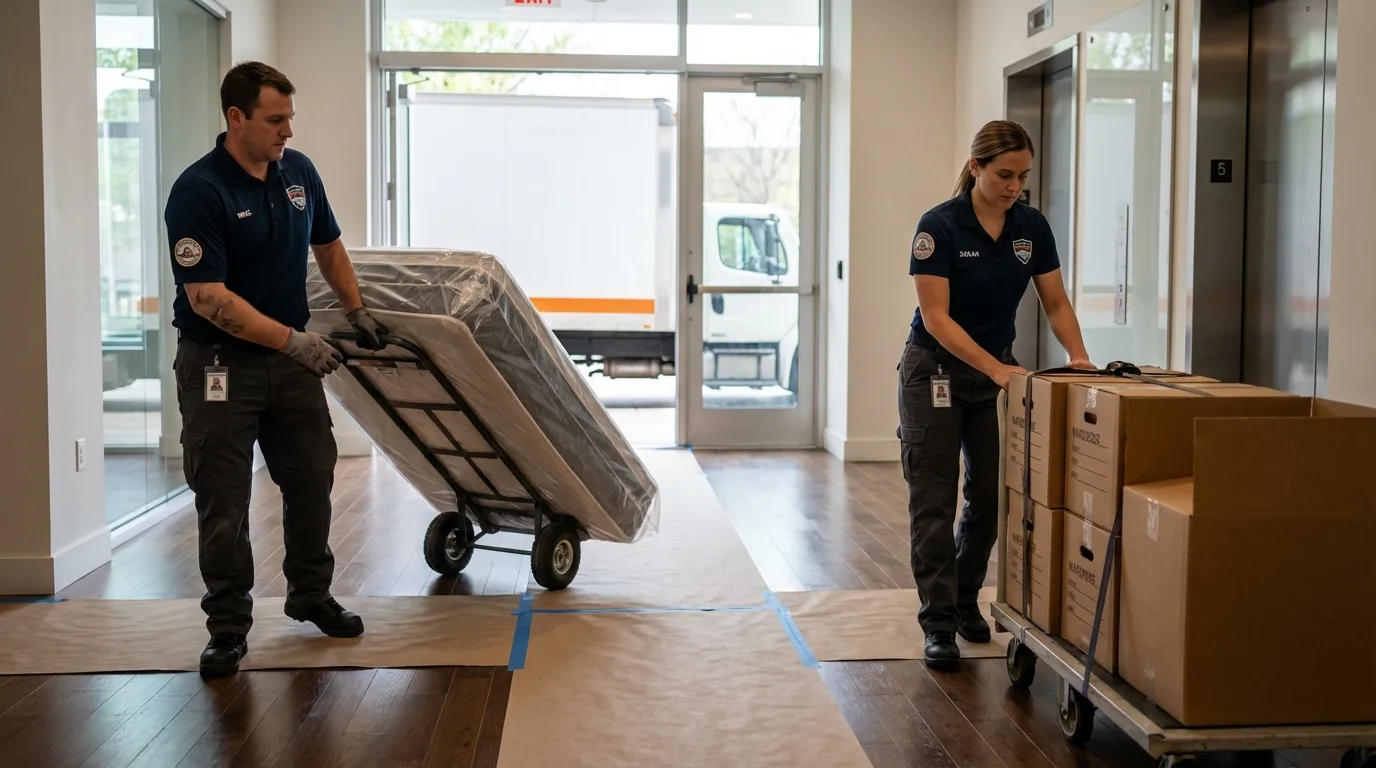 Professional apartment movers loading elevator in Demopolis, AL
