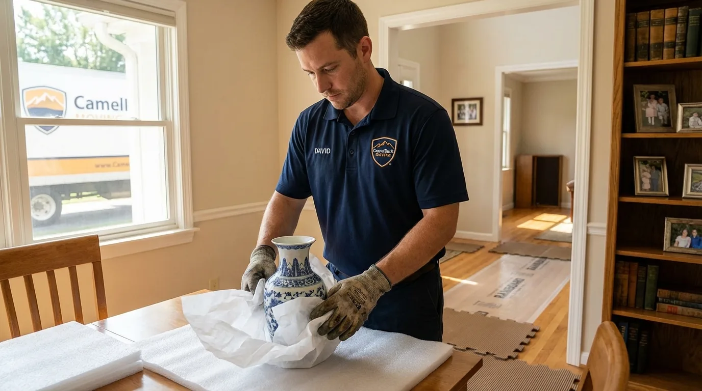 Professional crew carefully wrapping antique vase for senior downsizing move in Demopolis, AL
